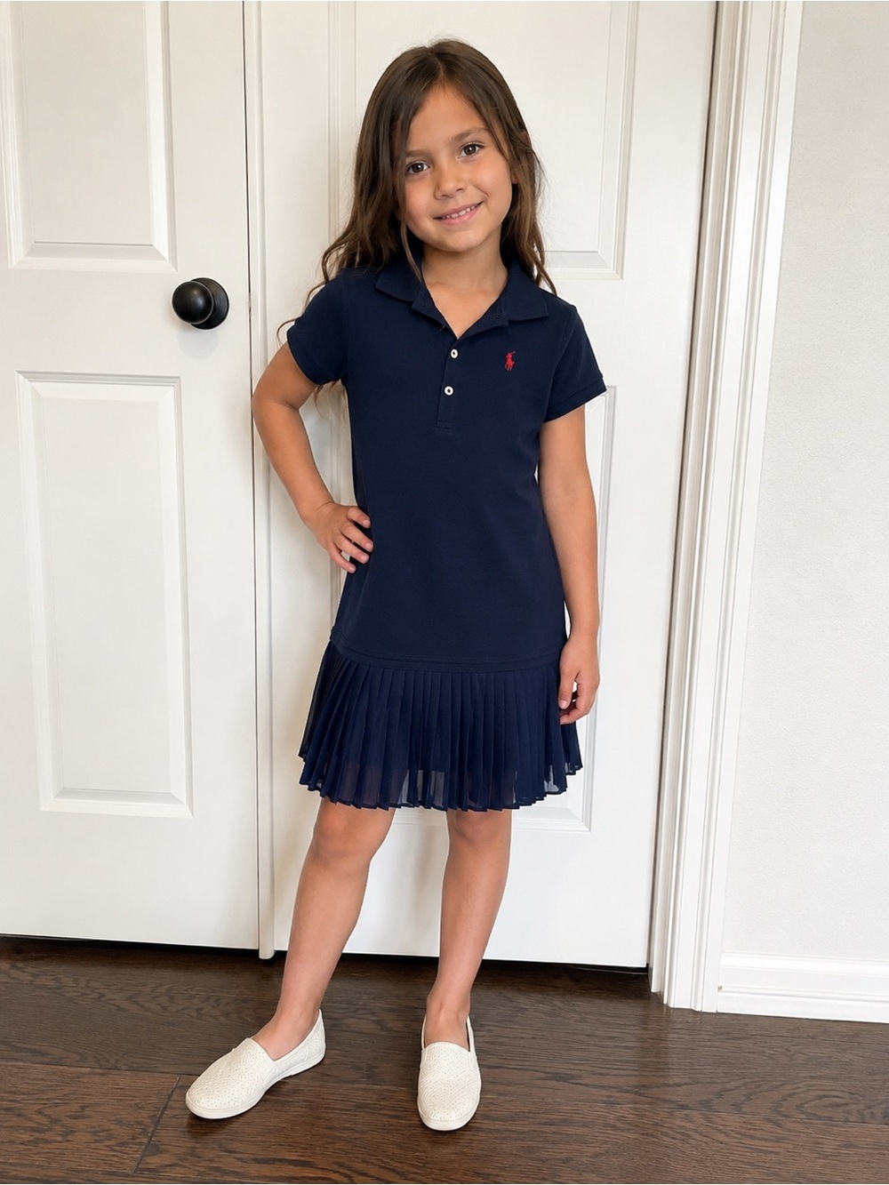 Ralph Lauren Girls Navy Polo Pleated Dress Size 7 Red Pony Preppy School